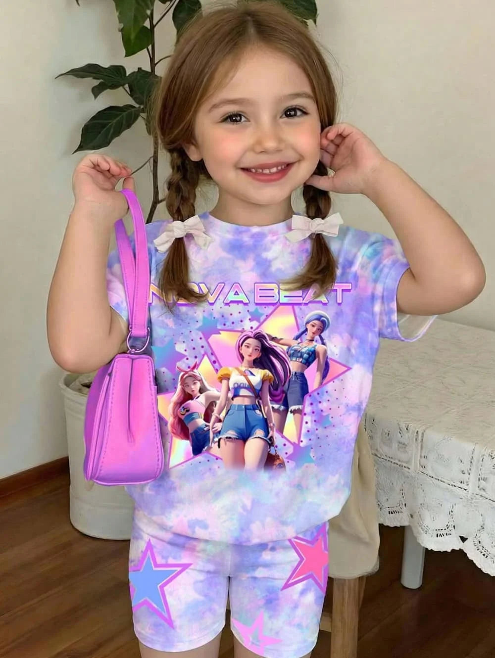 Ensemble T-Shirt K-Pop Fille Été – Haut + Short Imprimé Cartoon Streetwear Enfant