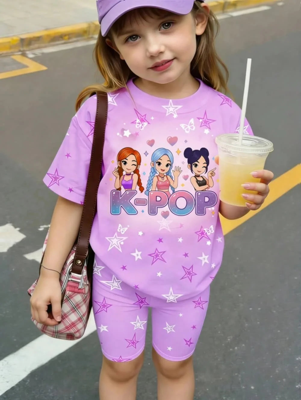 Ensemble T-Shirt K-Pop Fille Été – Haut + Short Imprimé Cartoon Streetwear Enfant