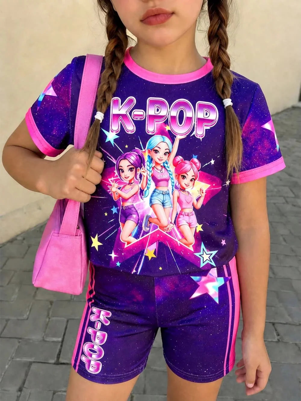 Ensemble T-Shirt K-Pop Fille Été – Haut + Short Imprimé Cartoon Streetwear Enfant