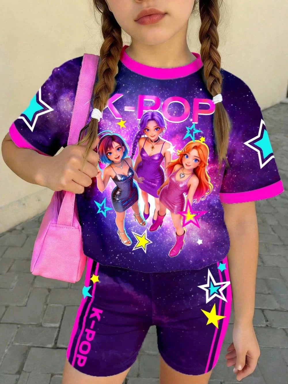 Ensemble T-Shirt K-Pop Fille Été – Haut + Short Imprimé Cartoon Streetwear Enfant