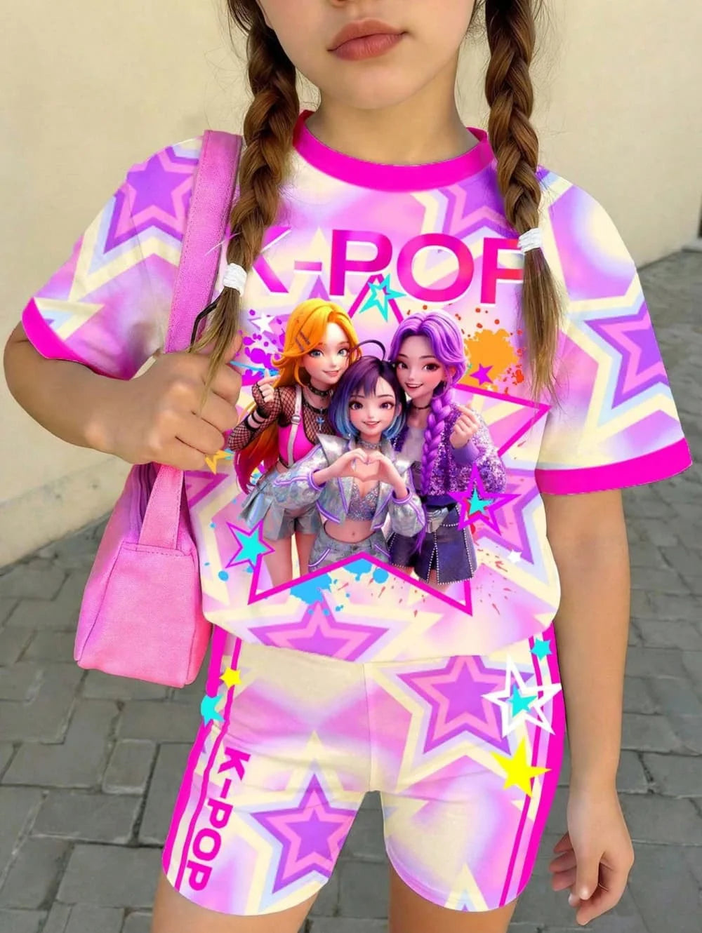 Ensemble T-Shirt K-Pop Fille Été – Haut + Short Imprimé Cartoon Streetwear Enfant