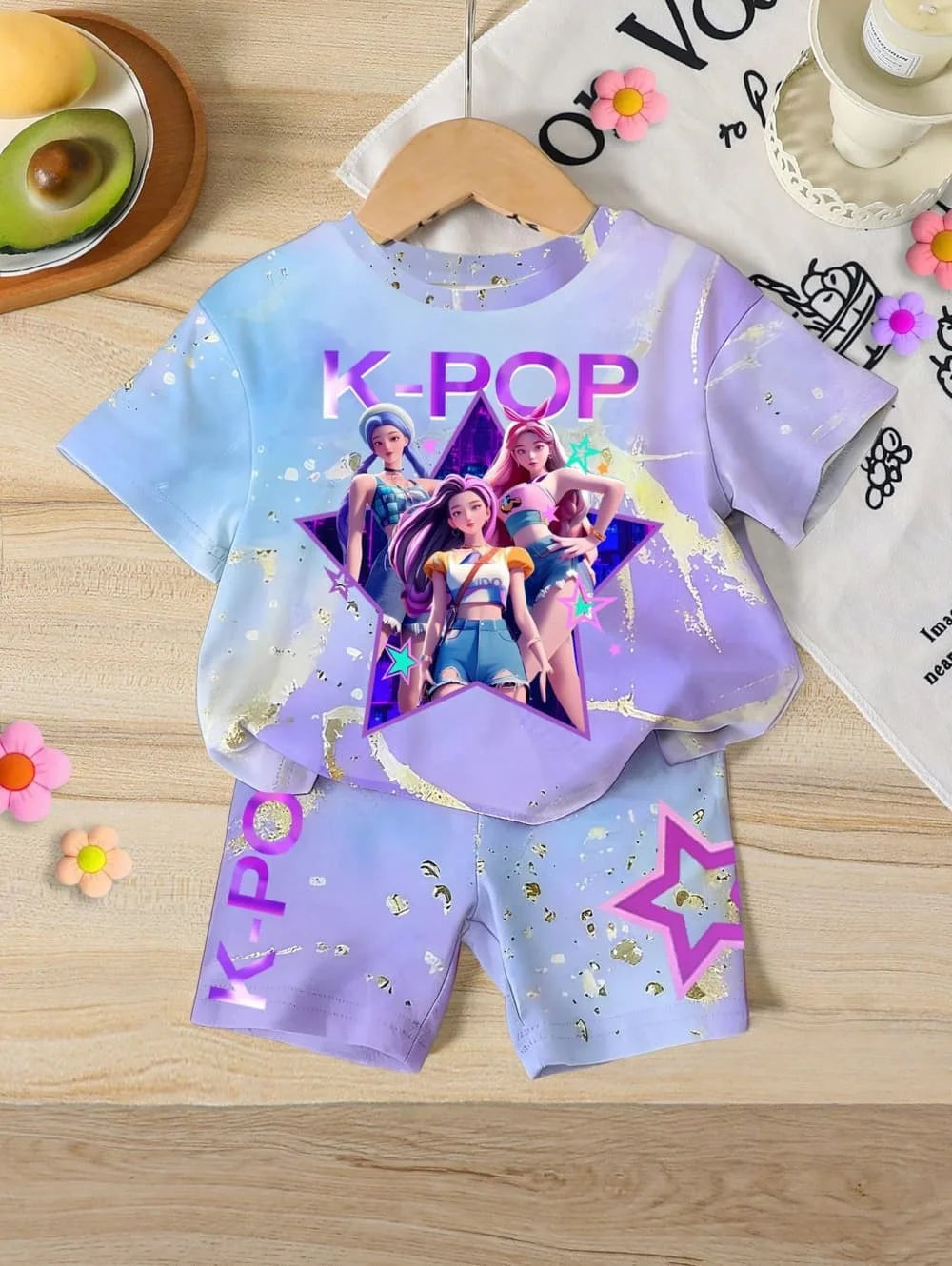 Ensemble T-Shirt K-Pop Fille Été – Haut + Short Imprimé Cartoon Streetwear Enfant