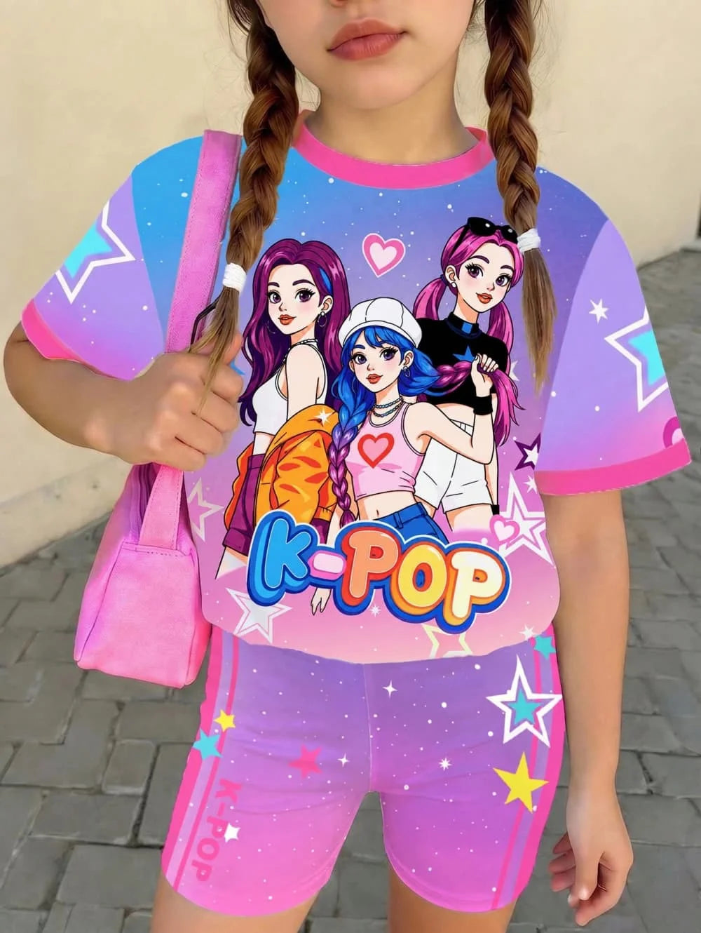 Ensemble T-Shirt K-Pop Fille Été – Haut + Short Imprimé Cartoon Streetwear Enfant