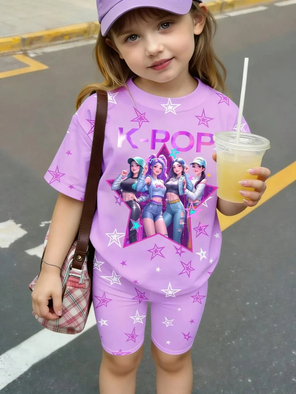 Ensemble T-Shirt K-Pop Fille Été – Haut + Short Imprimé Cartoon Streetwear Enfant