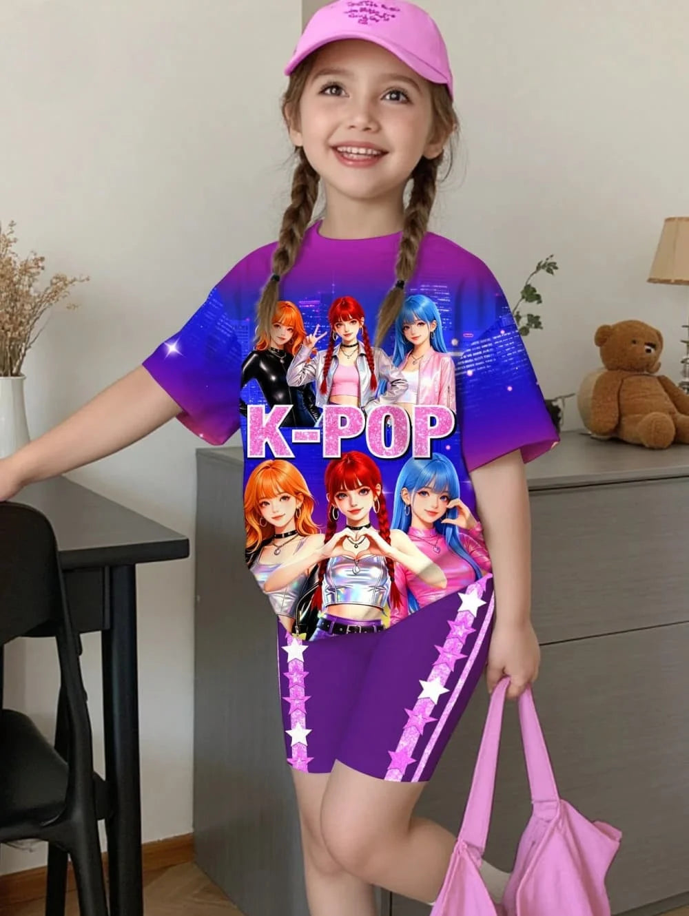 Ensemble T-Shirt K-Pop Fille Été – Haut + Short Imprimé Cartoon Streetwear Enfant