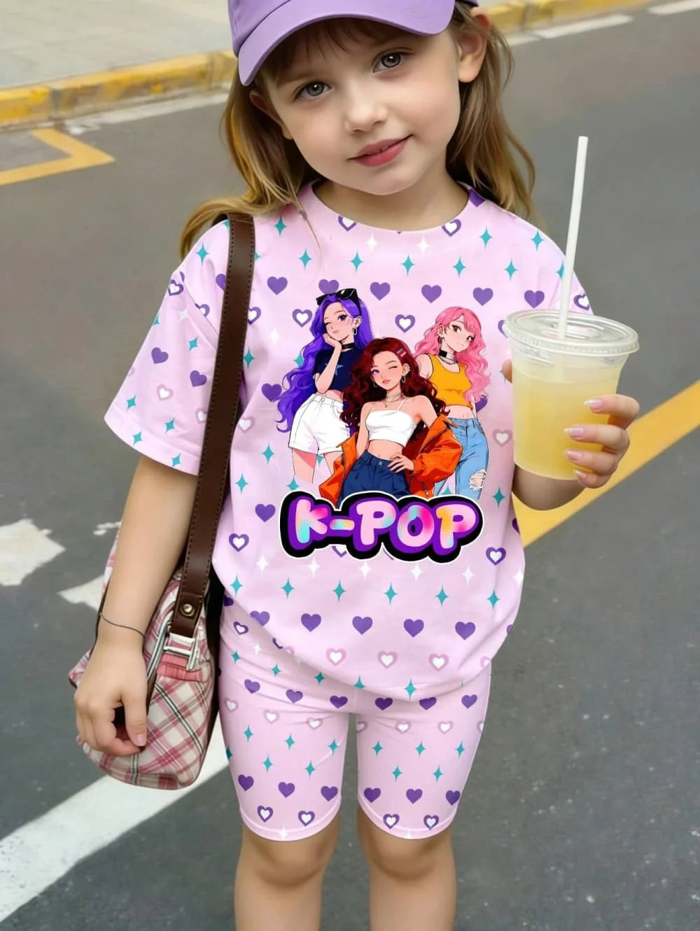 Ensemble T-Shirt K-Pop Fille Été – Haut + Short Imprimé Cartoon Streetwear Enfant