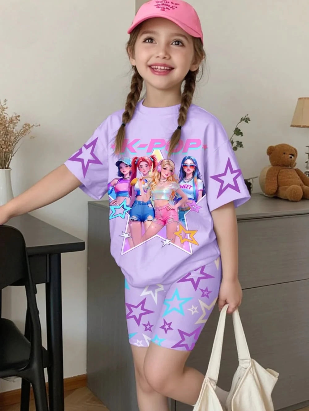 Ensemble T-Shirt K-Pop Fille Été – Haut + Short Imprimé Cartoon Streetwear Enfant