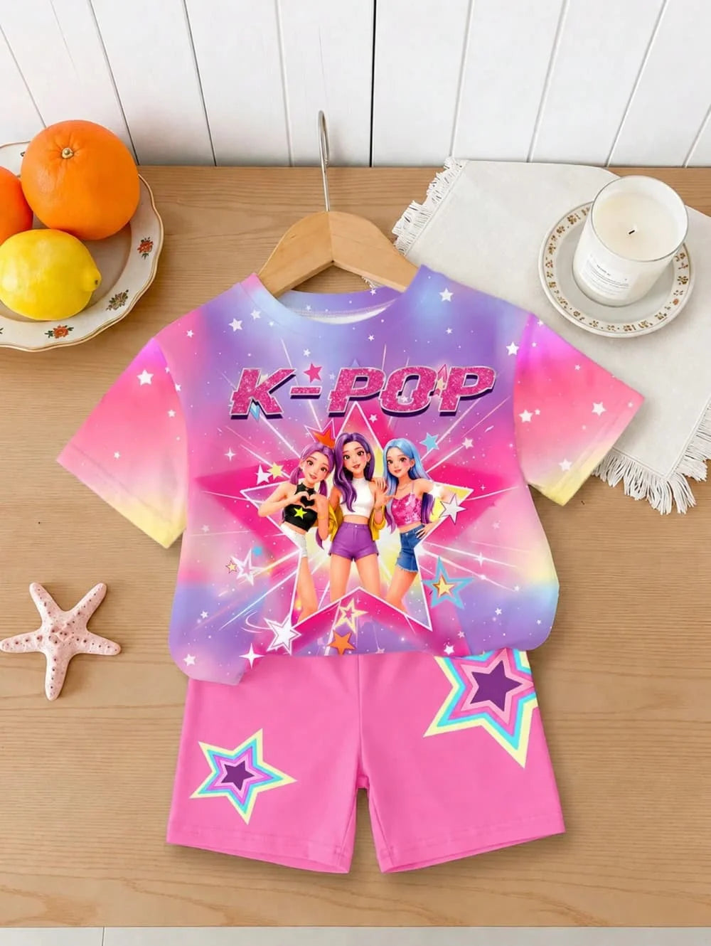 Ensemble T-Shirt K-Pop Fille Été – Haut + Short Imprimé Cartoon Streetwear Enfant