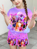 Ensemble T-Shirt K-Pop Fille Été – Haut + Short Imprimé Cartoon Streetwear Enfant