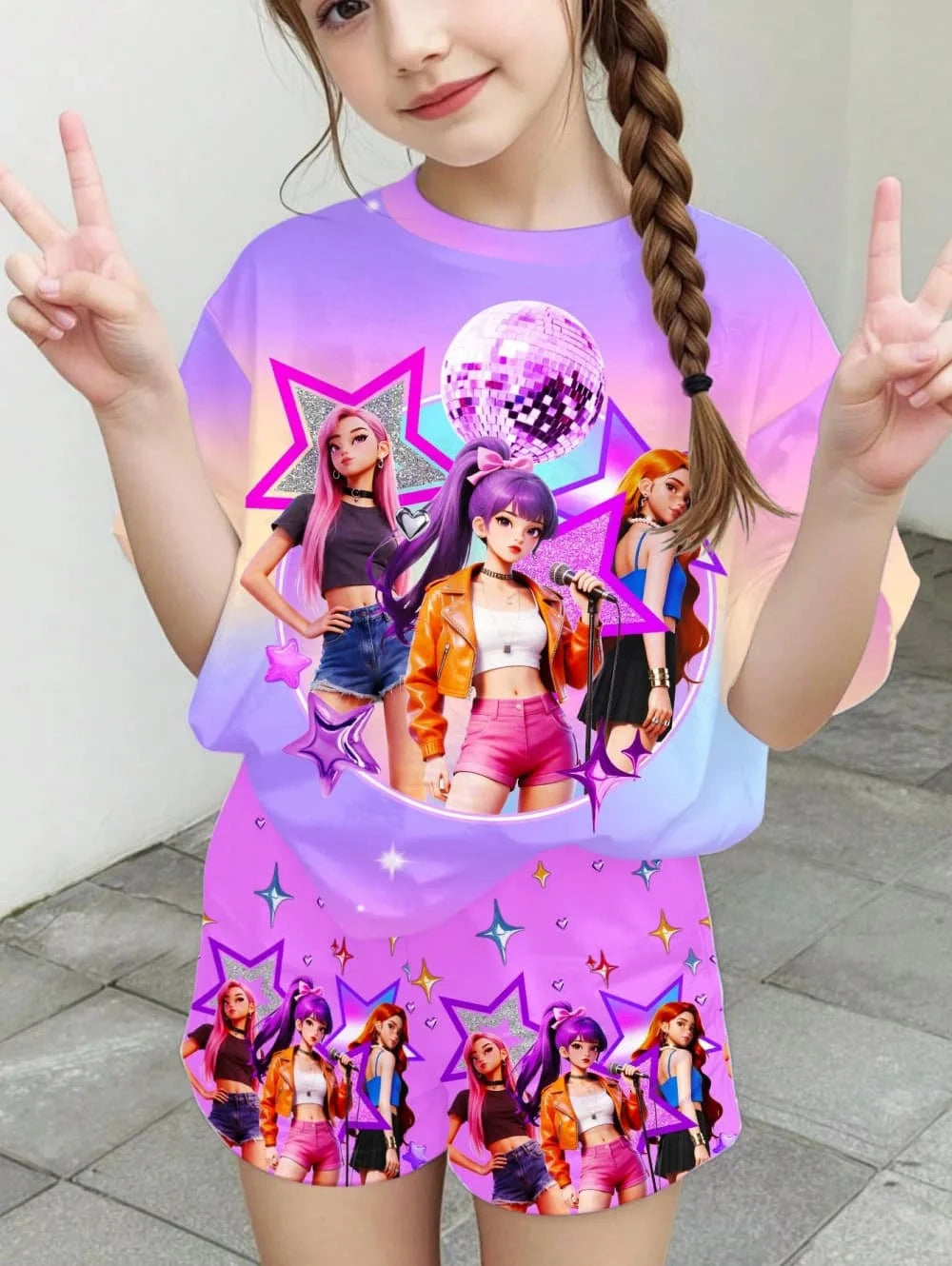Ensemble T-Shirt K-Pop Fille Été – Haut + Short Imprimé Cartoon Streetwear Enfant