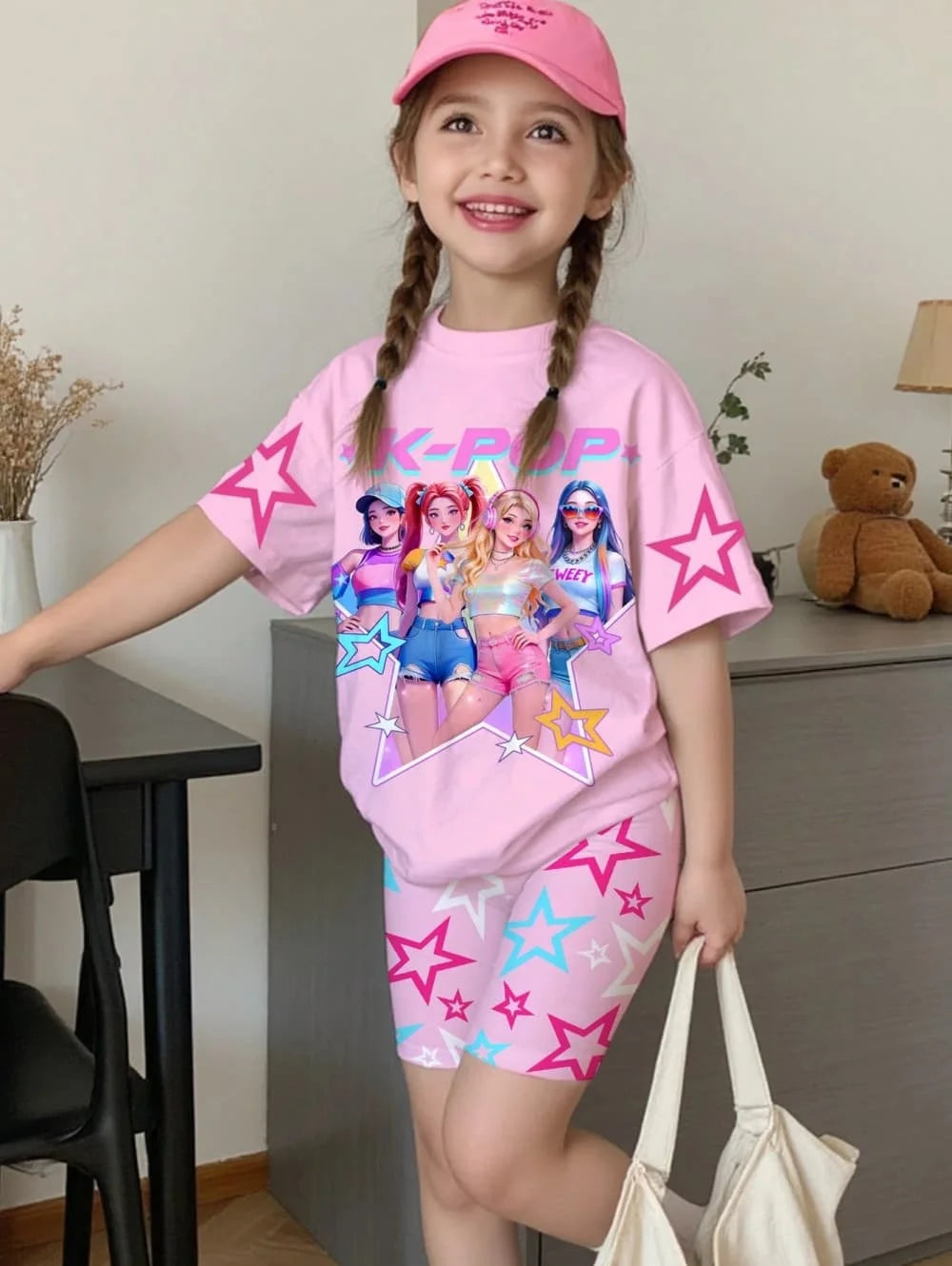 Ensemble T-Shirt K-Pop Fille Été – Haut + Short Imprimé Cartoon Streetwear Enfant