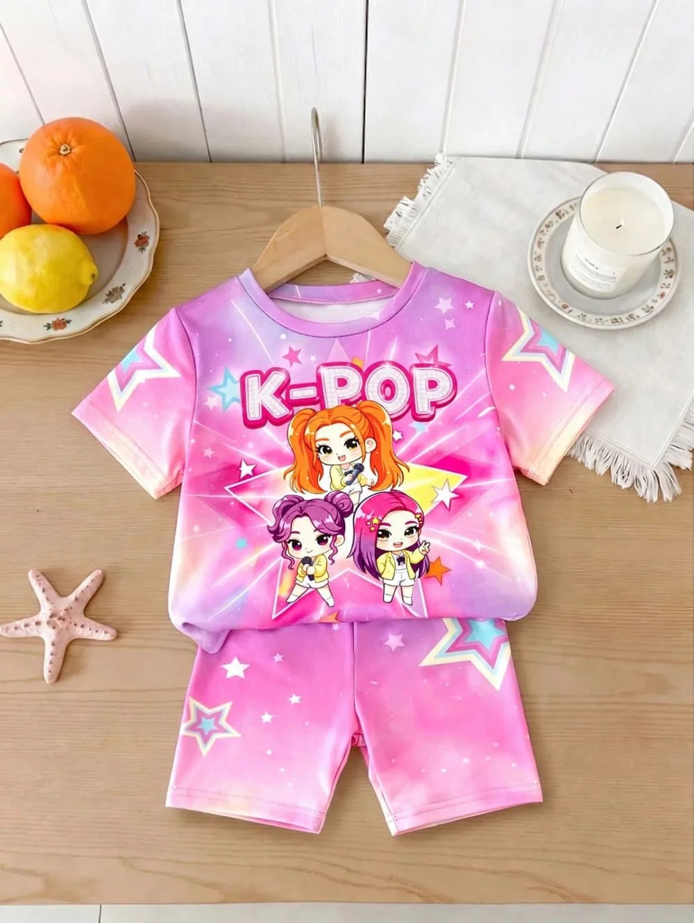 Ensemble T-Shirt K-Pop Fille Été – Haut + Short Imprimé Cartoon Streetwear Enfant