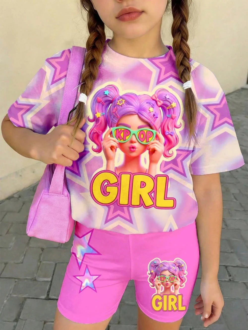 Ensemble T-Shirt K-Pop Fille Été – Haut + Short Imprimé Cartoon Streetwear Enfant