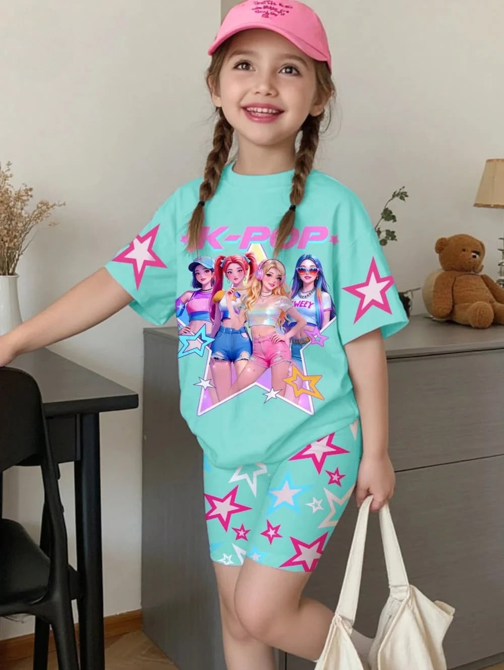Ensemble T-Shirt K-Pop Fille Été – Haut + Short Imprimé Cartoon Streetwear Enfant