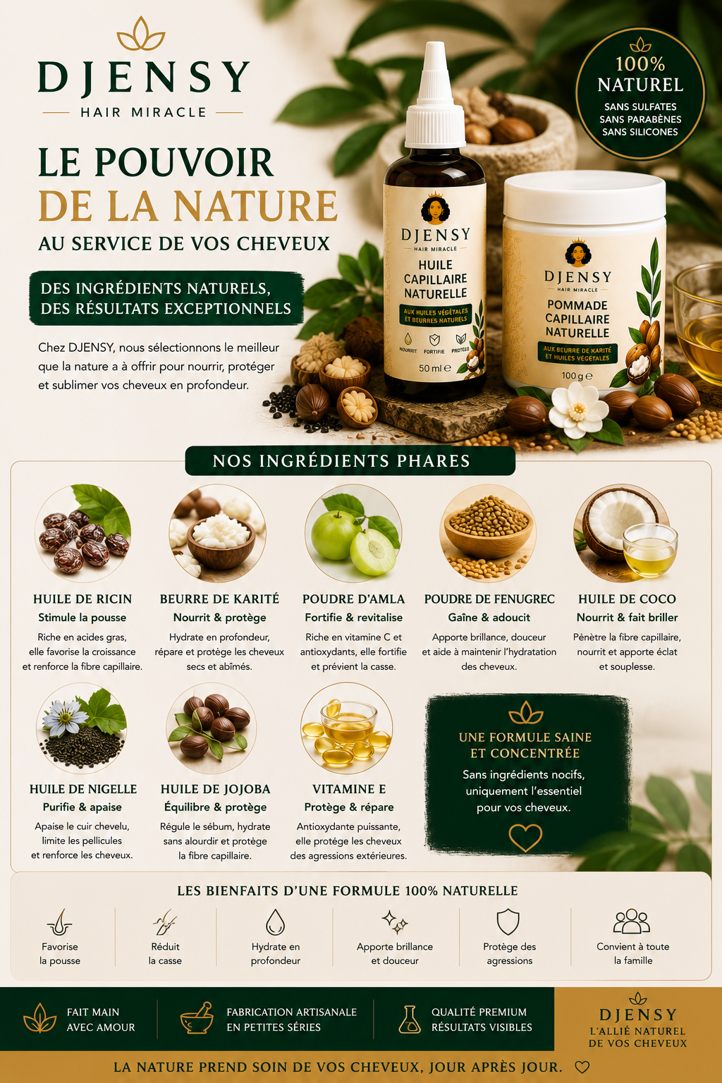Huile et Pommade DJENSY pour tous types de cheveux crépus bouclés frisés ondulés